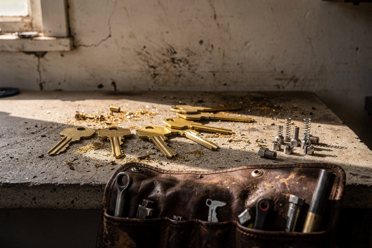 A concrete workbench covered in brass key blanks, steel tumblers and a worn tool roll